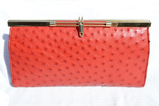Timeless 1960's-70's Ceyenne Red Classic Style Ostrich Skin Clutch Shoulder  Bag - Vintage Skins