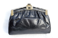 Black 1970's-80's DECO Style FINESSE LA MODEL Karung Snake Skin CLUTCH Shoulder Bag