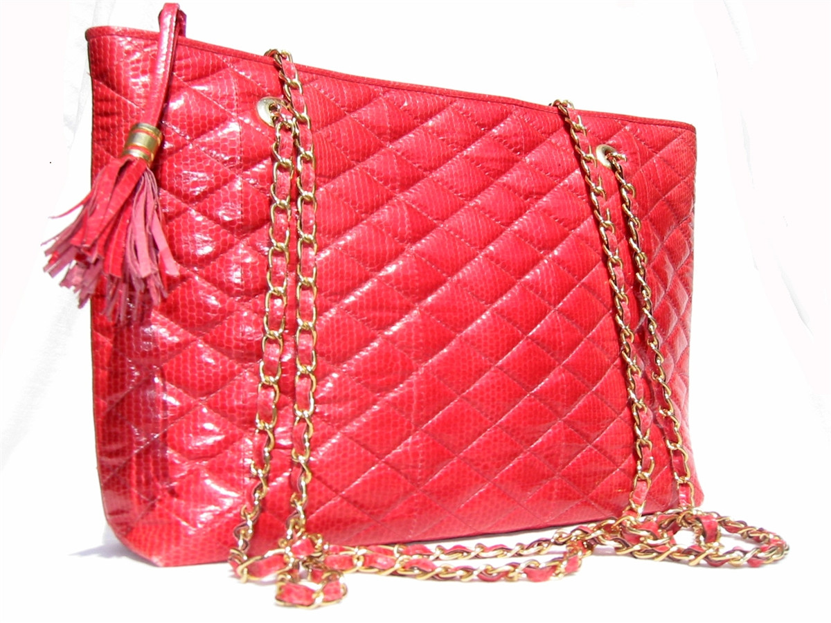 HUGE Chanel-Style 1980's RED Quilted Snake Skin TOTE Shoulder Bag - Vintage  Skins
