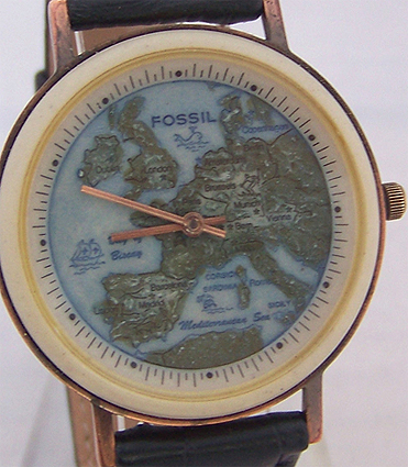 Western Europe Fossil Watch Map of European wristwatch on Black Band