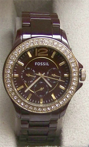 Fossil Ceramic Multifunction Watch Womens Riley Chocolate Brown