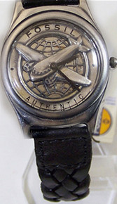 Fossil Airplane Watch Vintage Novelty Pilots Aircraft Wristwatch Black