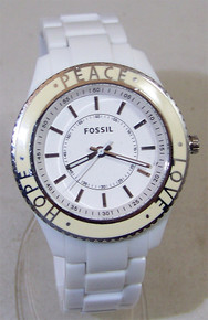 Fossil White Stella Watch Peace Love Hope Enamel Top Ring Wristwatch
