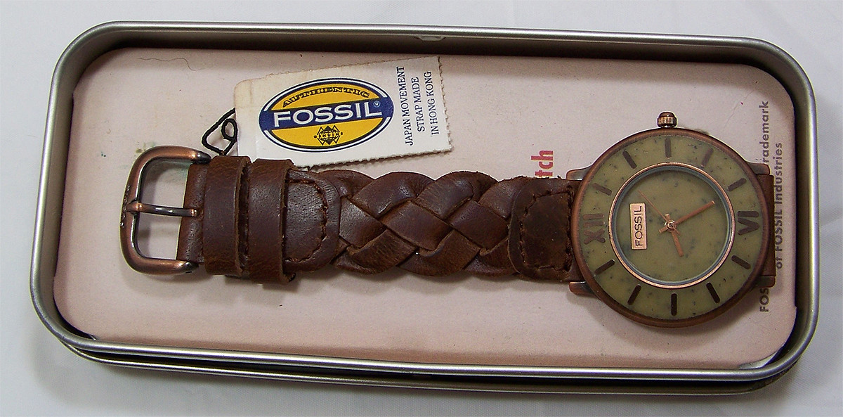VTG Fossil Stone on Copper Watch 1.5” Leather Band 8” Women’s Japan Movt WORKS Vintage Rare Stone and Copper Face Fossil | Mercari main image 3