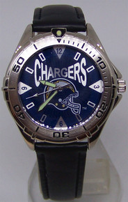 NFL Chargers Fossil Watch Mens Vintage 98 Black Leather Wristwatch