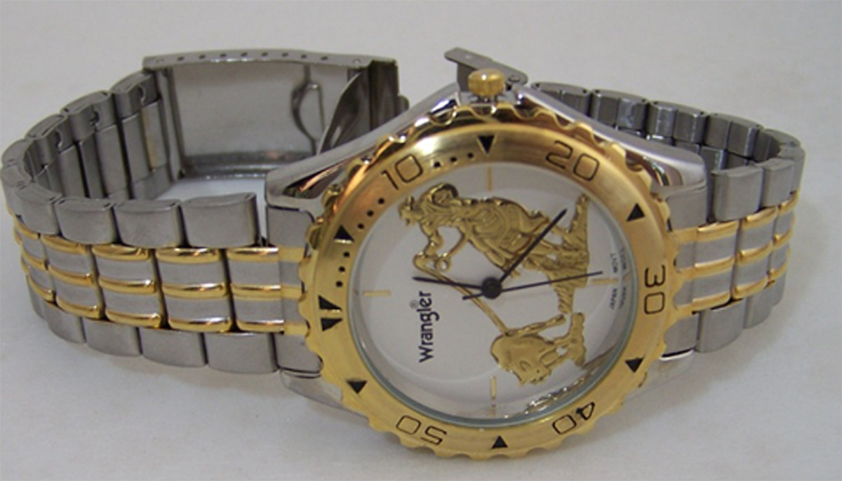 Wrangler Cowboy Watch Rodeo Roping Steer Mens Tone SS Wristwatch
