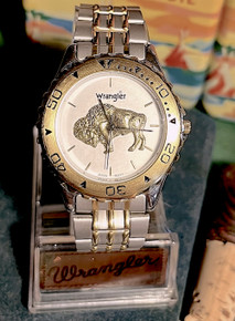 Wrangler Buffalo Watch Mens Stainless Steel Wristwatch with Gold Bison