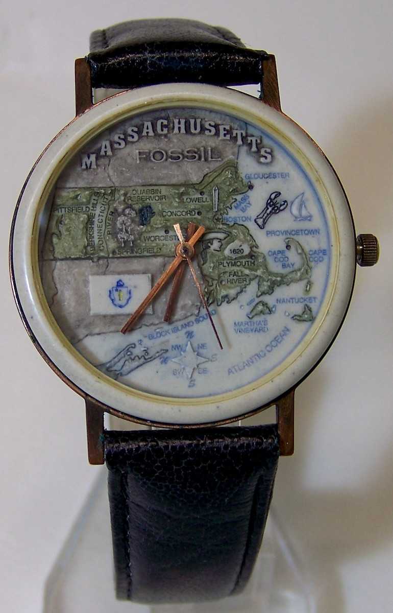1995 MASSACHUSETTS STONE MAP FOSSIL WATCH BW-6761 1995 MASSACHUSETTS STONE MAP FOSSIL WATCH BW-6761 main image 2
