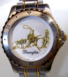 Wrangler Cowboys Watch 2 Riders Roping Steer Mens Rodeo SS Wristwatch