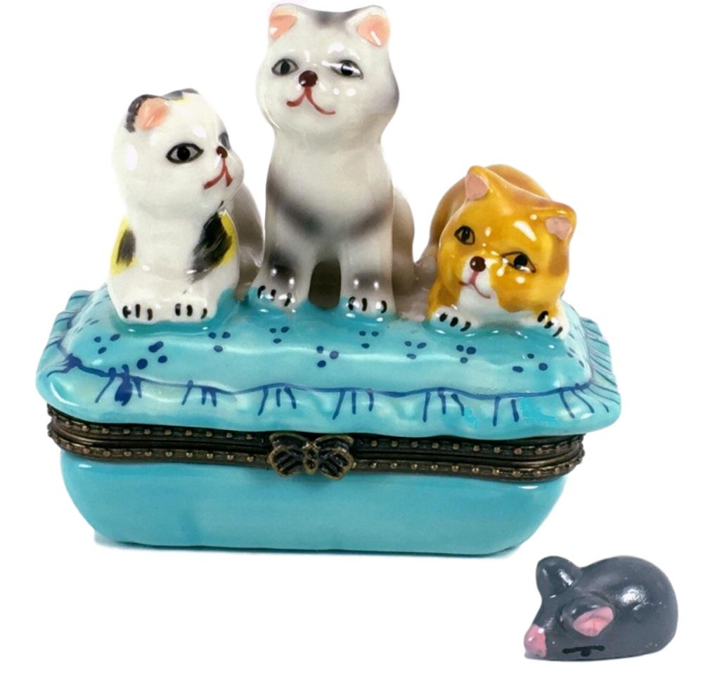 Silver Tabby Kitty Cat on Cushion under Hat Trinket Box Porcelain Hinged Box