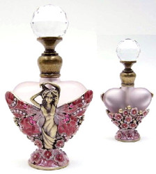 Fairy and Flowers Pink Glass Enamel Jeweled Heart Pewter Perfume Bottle