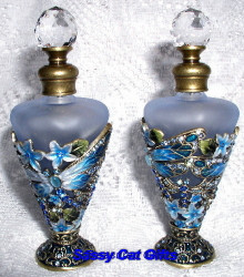 Blue Glass and Enamel Dragonfly and Flowers Jeweled 5" Perfume Bottle