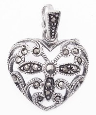 Open Heart Filigree Marcasite Sterling Silver Pendant