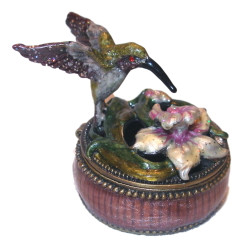 Jeweled Hummingbird and Lavender Flower Enamel Pewter Trinket Box