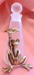 Frog and Lilypad Pewter Tall Frosted Glass Perfume Bottle
