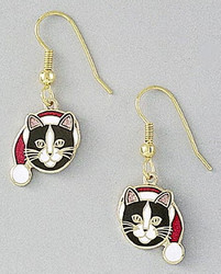 Black & White Tuxedo Cat in Santa Hat 22ct Gold Enamel Earrings
