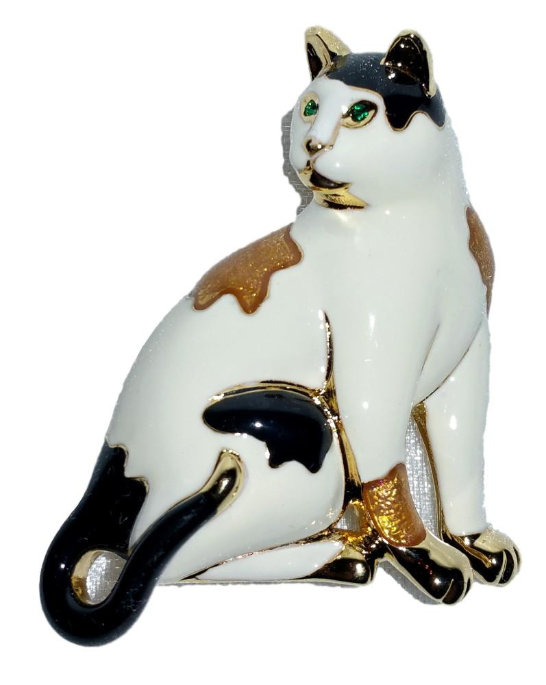 Calico Cat Kitten Pearlized Enamel And Austrian Crystal Pin Brooch