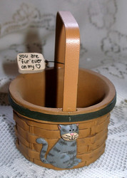 Grey TABBY CAT on RESIN Wicker BASKET by Blossom Bucket