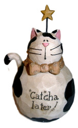 Cute Fat Black and White Cat with Gold Star "Cat"cha Later!" Resin Figurine