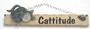 Grey Tabby Cat and Mouse "Cattitude" 12" Wood Hanger Folk Art