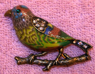 Blue Green Bird on Tree Limb Enamel and Austrian Crystal Pin