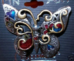 Colorful Butterfly with Hearts and Flowers Enamel Pewter Pin