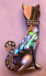 Pretty Sitting Cat Abalone Shell and Austrian Crystal Pewter Pin