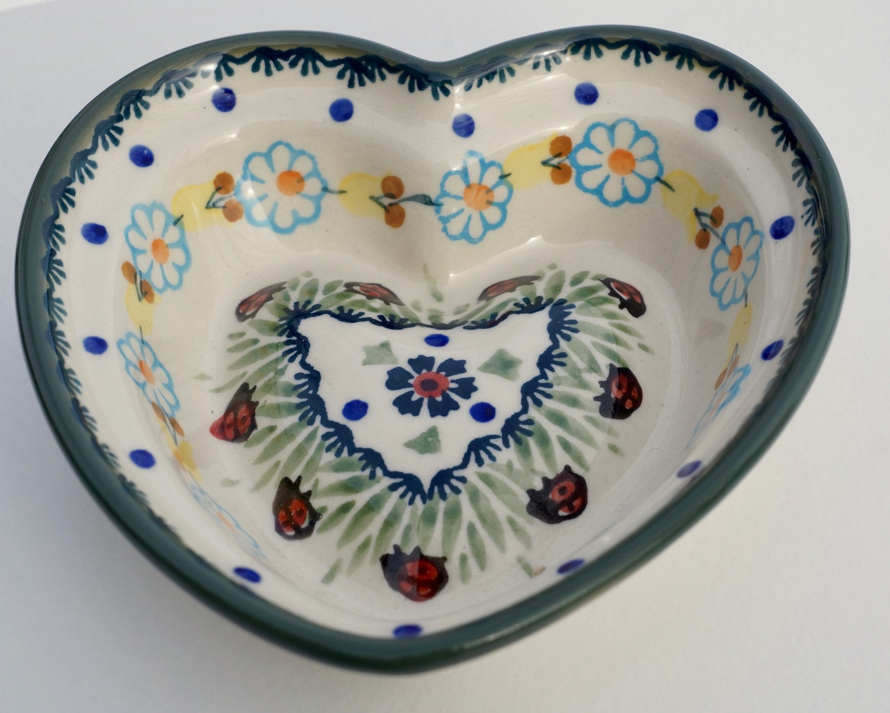 Polish Pottery Small Heart Bowl- Lady Bug Dance - Blue Water Polish Pottery