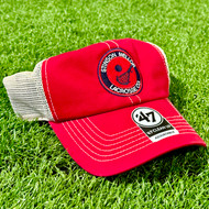 Stinson Mellor Lacrosse Co. Red/Navy Circle Throwback Logo Trucker Hat by Brand '47
