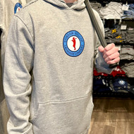 Athletic Grey Stinson Mellor Lacrosse Circle Logo Front,  Deer Logo Back , Longitude/Latitude Sleeve Hooded Sweatshirt by Maverik