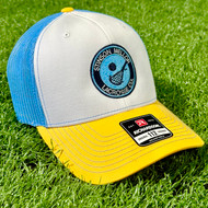 Stinson Mellor Lacrosse Co. Carolina, White and Gold Circle Throwback Logo Trucker Hat by Richardson 