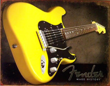 Photo of FENDER MAKES HISTORY SHOWS A YELLOW FENDER GUITAR WITH RICH COLOR AND GREAT DETAILS