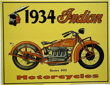 Photo of 1934 INDIAN MOTORCYCLE SIGN, WITH A 402 SERIES BIKE THAT STILL LOOKS INSPIRING TODAY