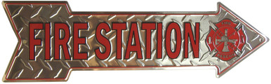 FIRE STATION ARROW SHAPED EMBOSSED SIGN HAS A DIAMOND PLATE BACKGROUND