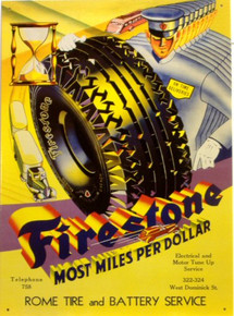 Photo of FIRESTONE TIRE SIGN WITH THE "FIRESTONE MAN" MOST MILES PER DOLLAR 1950'S GRAPHICS AND COLOR