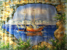 Photo of FISHING BOAT AT ANCHOR THRU WALL large SIZED OIL PAINTING