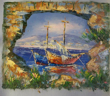 Photo of FISHING BOAT AT ANCHOR THRU WALL small SIZED OIL PAINTING