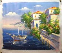 Photo of FISHING BOATS BY FLOWERING GARDENS medium large SIZED OIL PAINTING