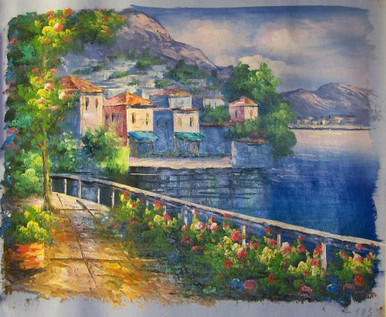 Photo of FLOWERS BY RAILING OVERLOOKING SEA SIZED OIL PAINTING