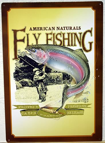 Photo of FLY FISHING SIGN OF FISHERMAN CATCHING A RAINBOW TROUT WHICH IS JUMPING OUT OF THE WATER..PROMOTES CATCH AND RELEASE