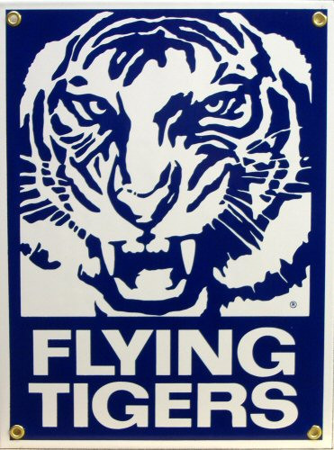 Photo of FLYING TIGERS PORCELAIN SIGN BLUE AND WHITE GRAPHICS, GROWLING TIGER'S FACE WITH THE WORDS, FLYING TIGERS