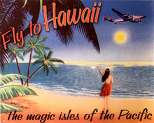 Photo of FLY TO HAWAII THE MAGIC ISLES OF THE PACIFIC, SHOWS HAWIIAN GILR ON BEACH WAVING TO AIRLINER RICH TROPICAL COLORS WARM DETAILS