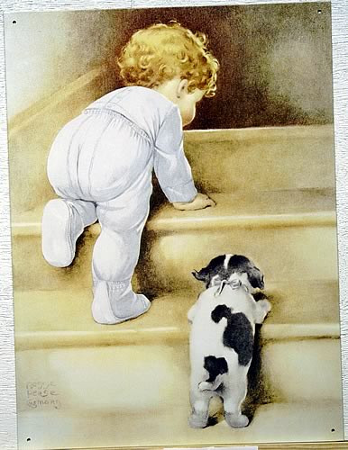 Photo of GUTMAN FOLLOW ME SIGN, SHOWS A LITTLE ONE CLIMBING THE STEPS WITH A PUPPY TRYING HARD TO FOLLOW