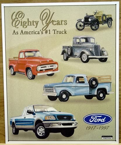 Photo of FORD - 80 YRS  OF PICKUPS COLLAGE, SHOWS FIVE PICK-UPS FROM A VERY EARLY ONE TO MODERN TIMES, GREAT DETAIL AND COLORS