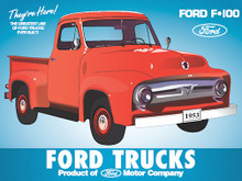 ENAMEL FINISH ON HEAVY METAL FORD TRUCKS SIGN RED 1953 FORD F-100 PICK UP SHARE COLORS 
THIS SIGN HAS HOLES IN EACH CORNER FOR EASY MOUNTING AND MEASURES 16"  X  12"