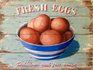 FRESH EGGS BOWL ENAMEL SIGN, "DELICIOUS AND FREE RANGE  VINTAGE COLORS AND GRAPHICS