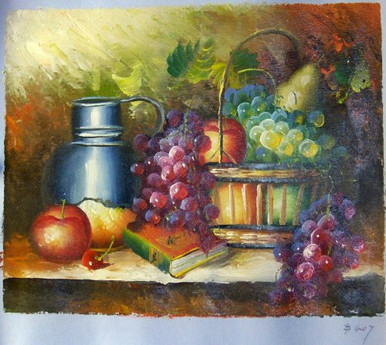 FRUITS IN BASKET WITH PITCHER SMALLEST OIL PAINTING