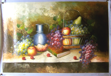 FRUITS IN BASKET W/PITCHER MEDIUM LARGE OIL PAINTING