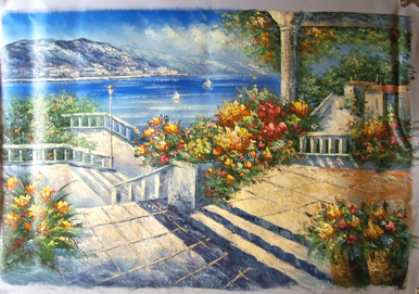 GARDEN BY THE SEA STEP W/RAIL OIL PAINTING