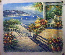 GARDENS, STEPS AND RAIL BY THE SEA OIL PAINTING